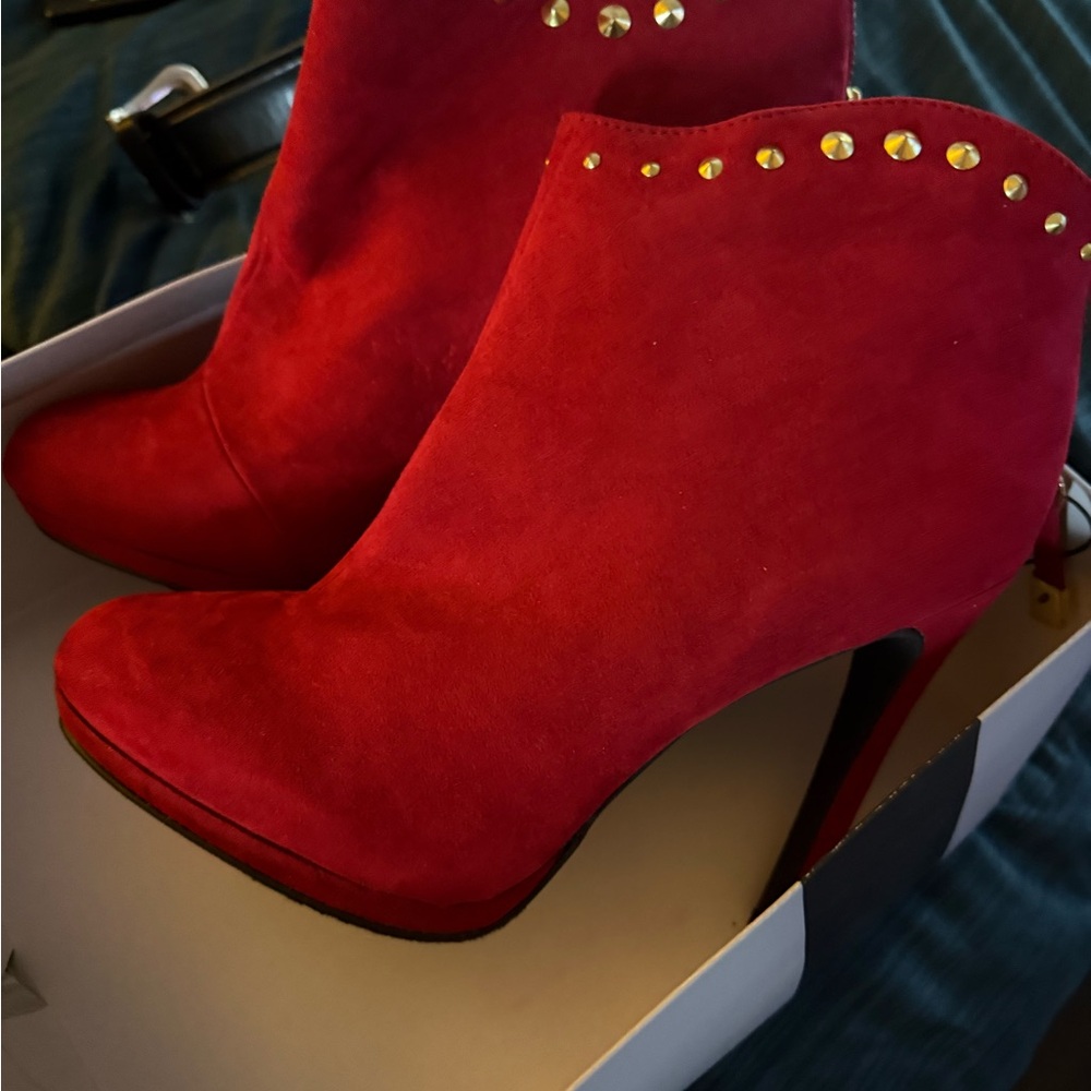 Red Suede Ankle Boots with Gold Studs